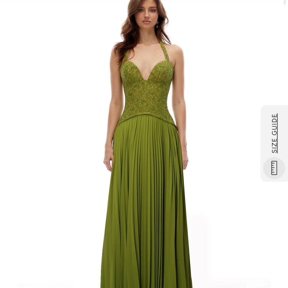 Elegant Olive Green Halter Lace Bodice Evening Dress
